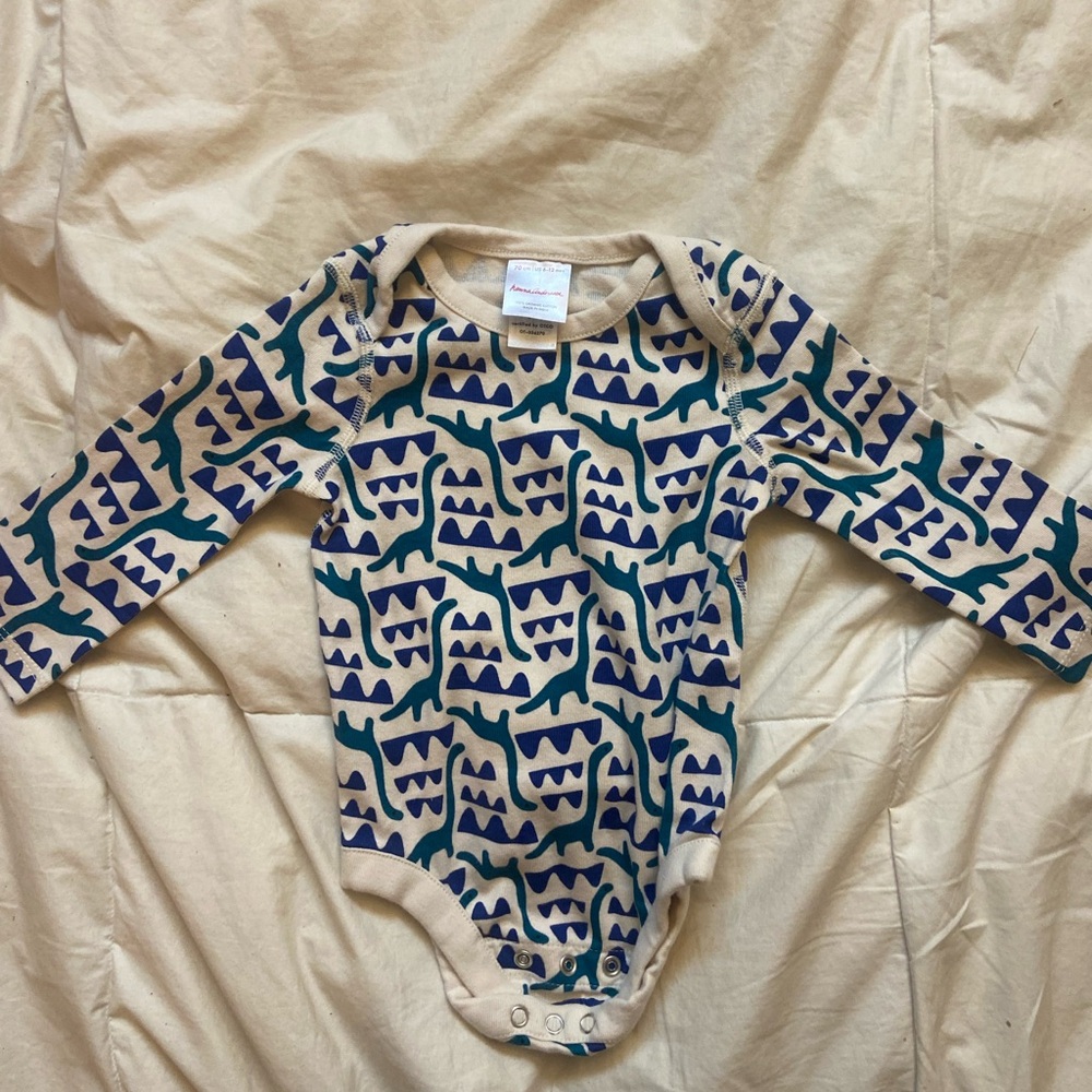 Hanna Andersson Cream and Blue Patterned Bodysuit dinosaur print